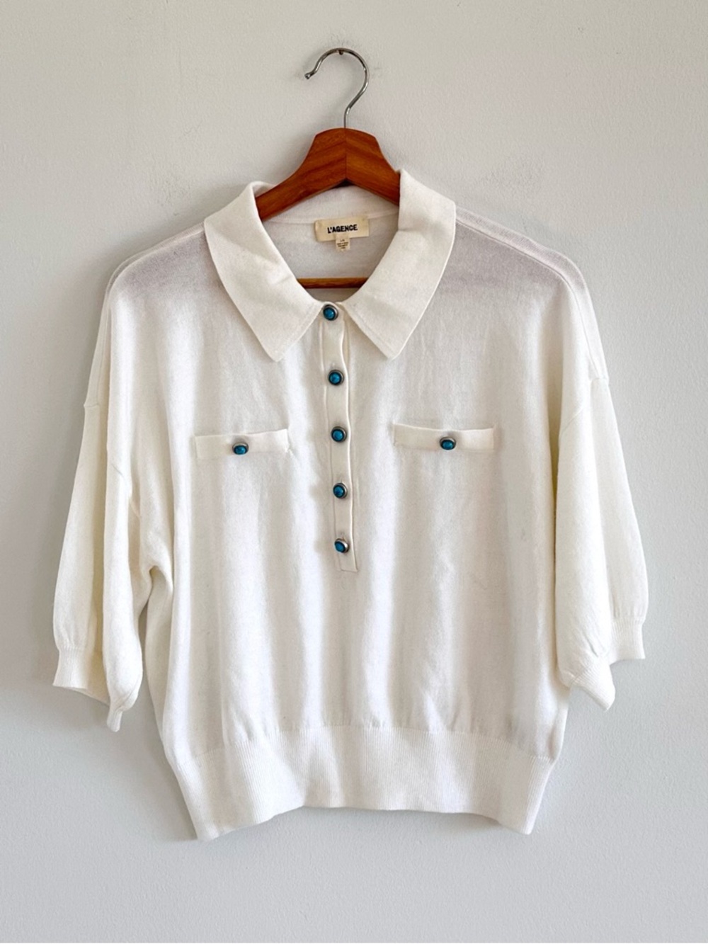 L’agence Masaki White Polo Sweater with turquoise buttons size Large - Picture 4 of 9